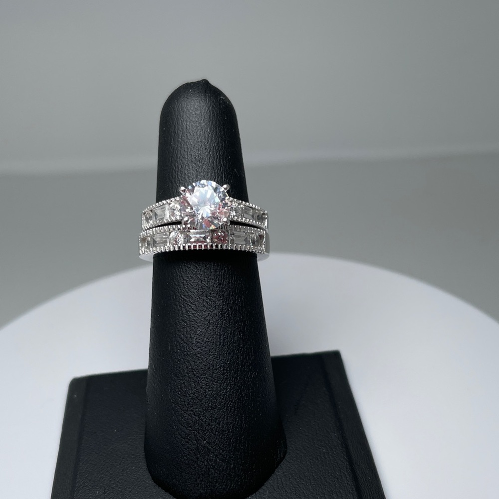 Diamonique 100 Facet Round & Baguette Bridal Set, Sterling (925), Size 6